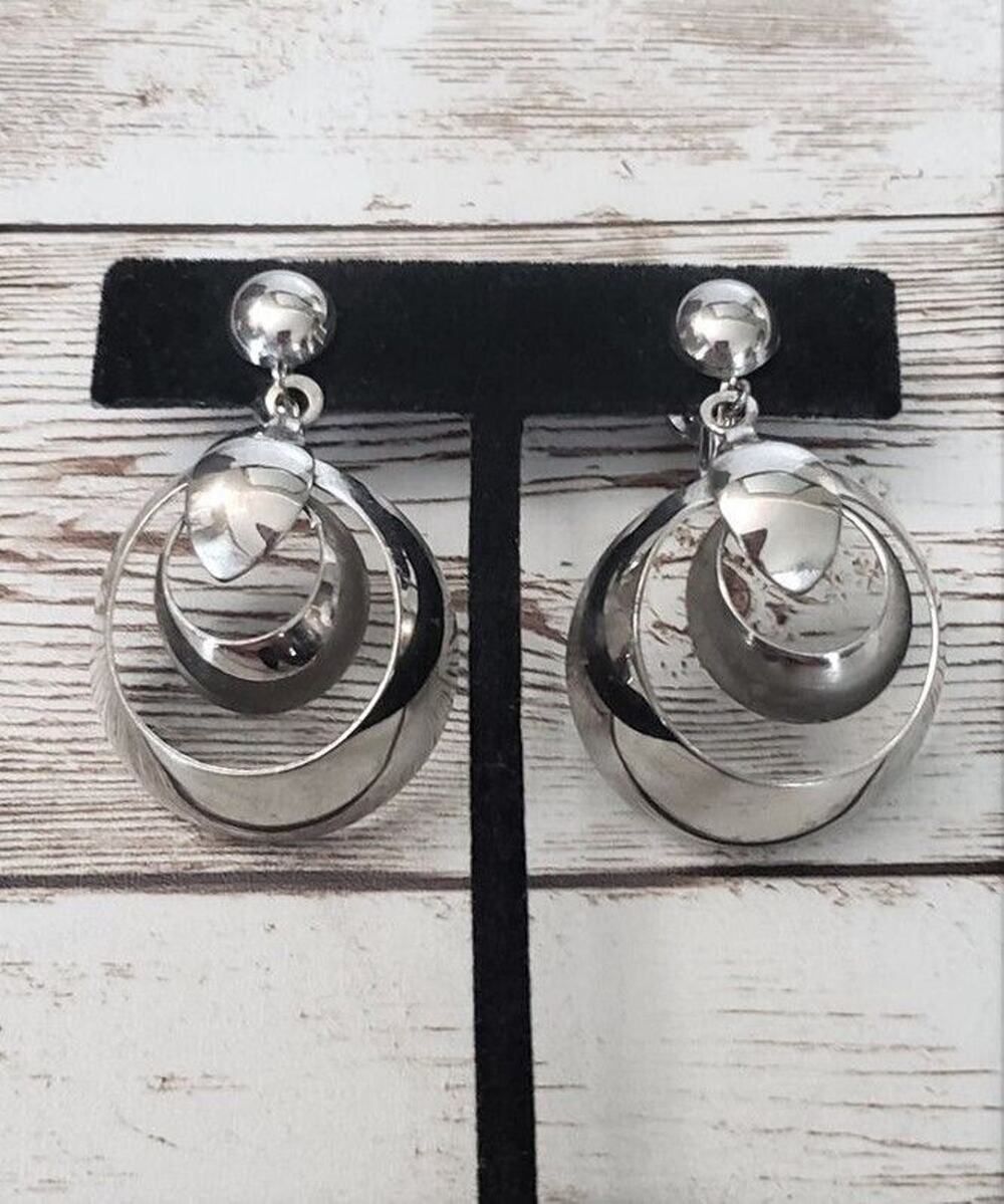 Vintage Screw On Earrings Stunning Very Large Statement Silver Tone Dangle Drop